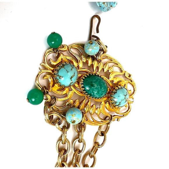 Vintage Napier cabochon gold tone and stone chain belt - Picture 2 of 12